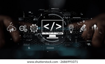 Modern web development concept featuring coding symbols, web development process, web development interface, and web development tools with futuristic design. Muxer
