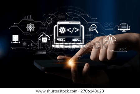 Modern web development concept featuring coding symbols, web development process, web development interface, and web development tools with futuristic design. Spline
