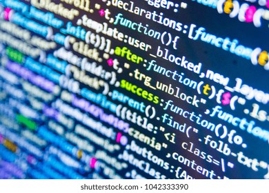 Modern web network and internet telecommunication technology. IT coding on monitor screen. Programming code on computer screen. Database bits access stream visualisation. Server logs analysis. 