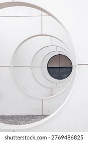 Modern White Architecture Featuring Sequential Circular Openings Creating A Geometric Tunnel Perspective, Minimalist Concrete Facade