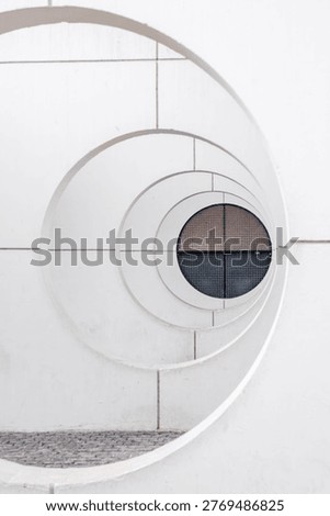Modern White Architecture Featuring Sequential Circular Openings Creating A Geometric Tunnel Perspective, Minimalist Concrete Facade