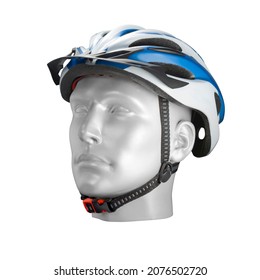 Modern White And Blue Bike Helmet On A Male Mannequin Head, Isolated 