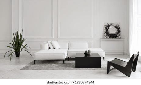 Modern white designer sofa on legs with cushions on grey carpet in middle of minimalistic living room with high ceiling, futuristic chair, green plant, abstract picture and two vases on table - Powered by Shutterstock