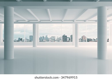 Modern white hangar area with city view 3D Render