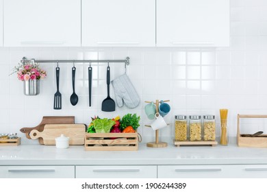 Modern White Kitchen Interior Background With Counter, Decoration Top Surface Ceramic Tile Counter, Empty Copy Space For Text. For Use Mockup Product Display.