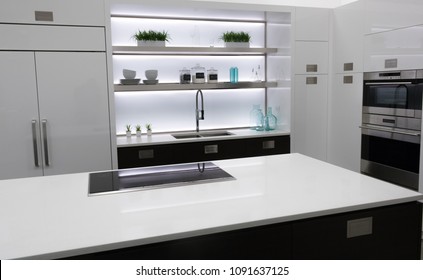 Modern White Kitchen With Quartz Countertop, Stainless Cooktop, 