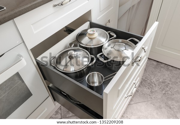 Modern White Kitchen Some Drawers Open Stock Photo Edit Now