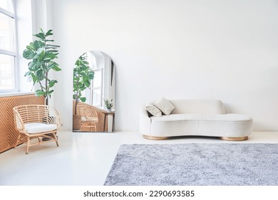 Modern, white minimalist interior. Modern interior design for posters in the living room layout with a white sofa with space to copy. High quality photo
