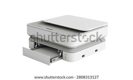 Modern white multifunction inkjet printer with open paper input tray