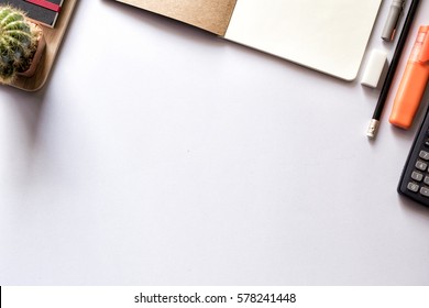 Modern White Office Desk Table With Blank Notebook Top View