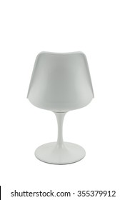 Modern White Plastic Chair With Black Cushion On White Background, Back View