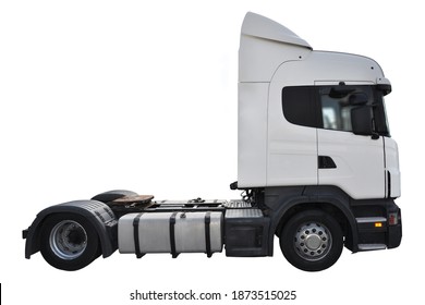 Modern white powerful diesel truck without trailersemi truck, isolated on white background