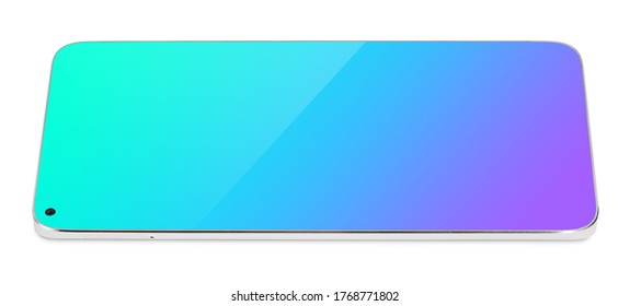 Modern White Smartphone With Blue Touch Screen Lying Down Horizontal. Smart Phone On Isolated On White Background With Clipping Path