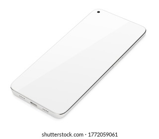 Modern White Smartphone With White Touch Screen Lying Down. Smart Phone On Isolated On White Background With Clipping Path