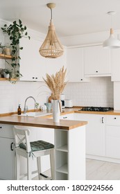 Moderne weiße, u-förmige Küche im skandinavischen Stil. Offene Regale in der Küche mit Pflanzen und Gläsern. Herbstdekoration, selektiver Fokus auf Vordergrund. Nachhaltige, lebendige und umweltfreundliche Küche