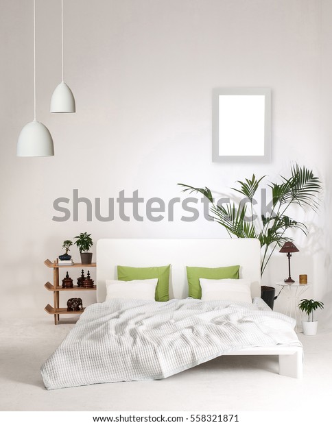 Modern White Wall Bedroom Bed Green Stockfoto Jetzt
