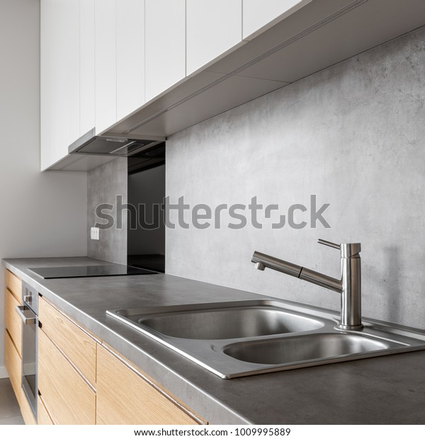 Modern White Wooden Kitchen Cabinets Concrete Stock Photo Edit