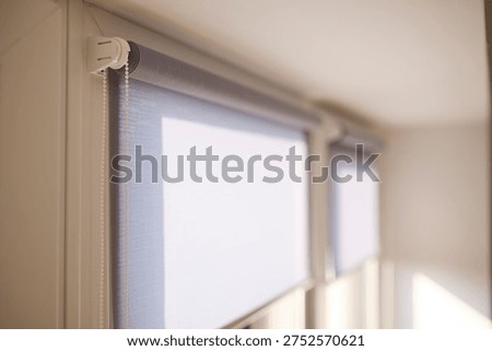 Modern window roller blind system installed in a bright interior. Functional and stylish window covering solution, featuring adjustable shades for light control, privacy, and home decor enhancement.