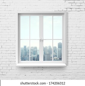 Modern Window With Skyscraper View In Brick Wall