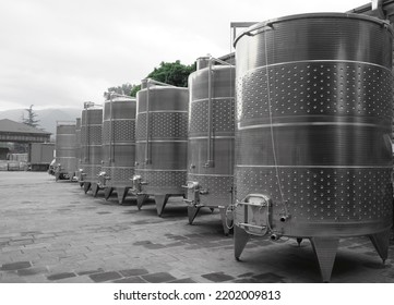 Modern Winery Steel Tanks. Wine Making Equipment. Wine Barrels On Winery. Armenia. 