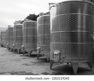 Modern Winery Steel Tanks. Wine Making Equipment. Wine Barrels On Winery. Armenia. 