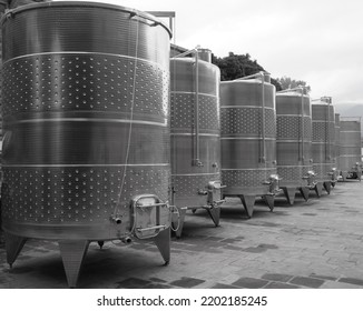 Modern Winery Steel Tanks. Wine Making Equipment. Wine Barrels On Winery. Armenia. 