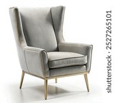 A modern, wing-back armchair upholstered in a soft, gray velvet fabric. The chair has a sleek design with tapered, brass-colored legs on white background