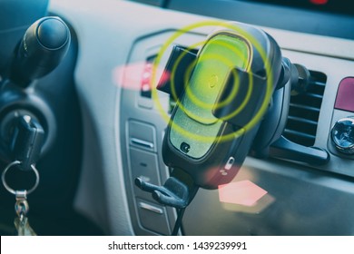 Modern Wireless Smartphone Charging In A Car. Dashboard In Background. 