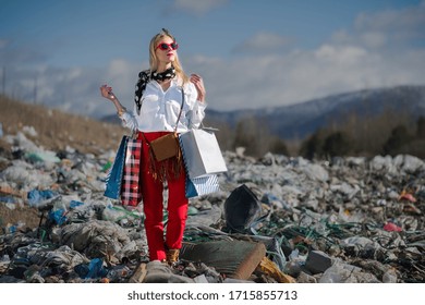 Modern Woman On Landfill, Consumerism Versus Pollution Concept.