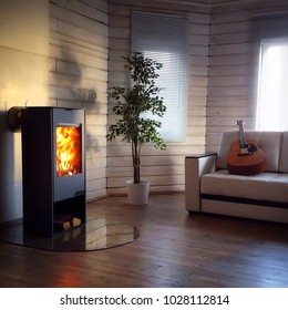 Modern wood burning stove inside cozy living room