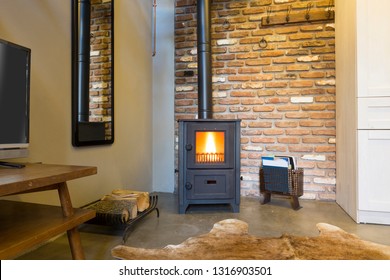 Modern wood burning stove inside cozy living room with rustic brick walls and bear skin on the floor.