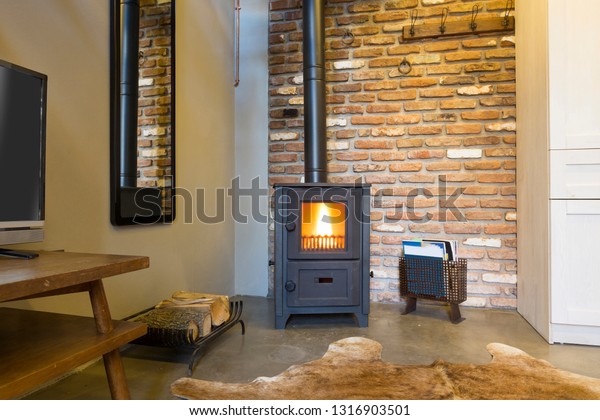 Modern Wood Burning Stove Inside Cozy Objects Interiors Stock Image