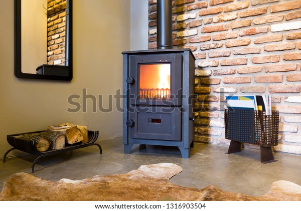 Modern Wood Burning Stove Inside Cozy Stock Photo Edit Now