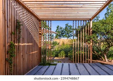 Modern wooden arbor. Modern wooden roofing in courtyard, backyard, terrace or patio