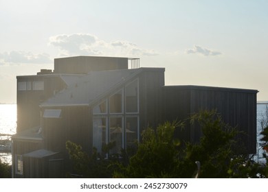 Modern wooden beach house among the bushes at golden hour in Fire Island, New York, USA - Powered by Shutterstock