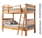 Modern wooden bunk bed with a ladder on a white backdrop