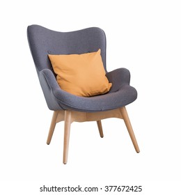 Modern Wooden Chair With Orange Pillow Isolate On White Background