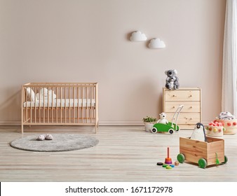 Modern Wooden Cradle And Cabinet Interior Style, Sun And White Cloud On The Wall.