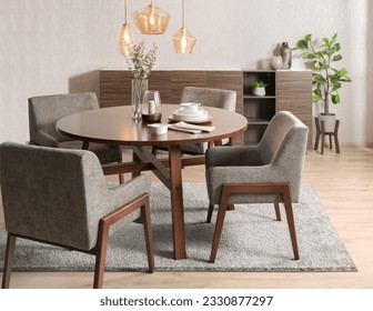 a modern wooden dining set in a stylishly designed room featuring hardwood floors and contemporary furniture - Powered by Shutterstock