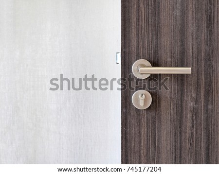 Modern wooden door with metal door handle over the white wall.