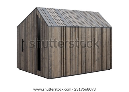 Modern wooden garden storage on white background. Isolated wooden garden house.
