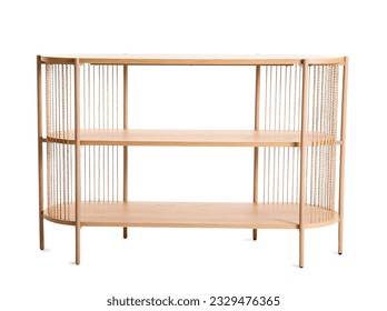 Modern wooden shelving unit on white background - Shutterstock ID 2329476365