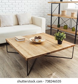 modern wooden table in the loft interior