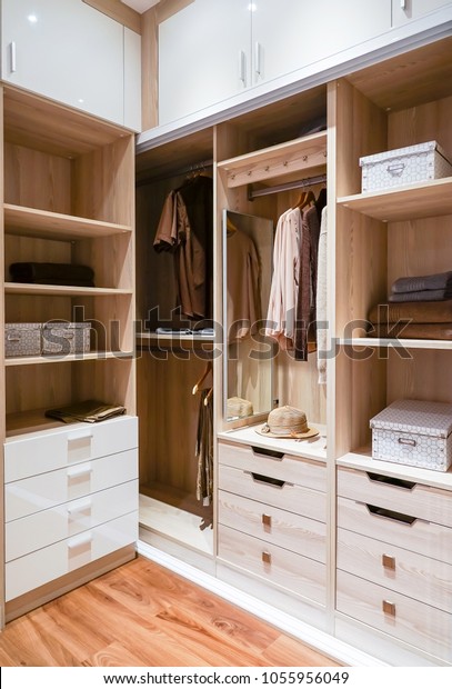 Modern Wooden Wardrobe Clothes Hanging On Stock Photo Edit Now