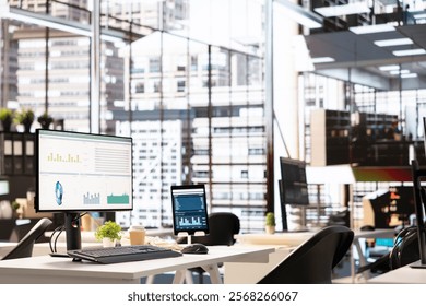 Modern work environment empty office used in business industry and enterprise culture, equipped with professional tools and high end gadgets. Executive power in a modern workspace.