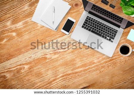 Similar – Desktop office mix on a wooden table