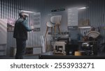 Modern workshop: Professional craftsman or designer in AR headset assembles chair in virtual space using software with AI-based user interface. 3D rendering of holographic furniture. Augmented reality