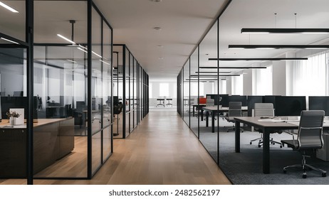 A modern workspace characterized by a sleek, minimalist design. The office showcases clean lines and an open layout, with glass partitions that create a sense of space and transparency.  - Powered by Shutterstock