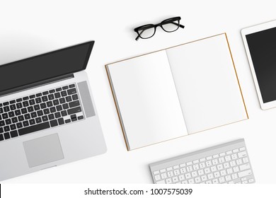 Modern Workspace With Coffee Cup, Notebook, Tablet And Laptop Copy Space On White Color Background. Top View. Flat Lay Style.