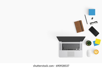 Modern workspace with coffee cup, smartphone, paper, notebook, tablet and laptop copy space on white color background. Top view. Flat lay style. - Powered by Shutterstock